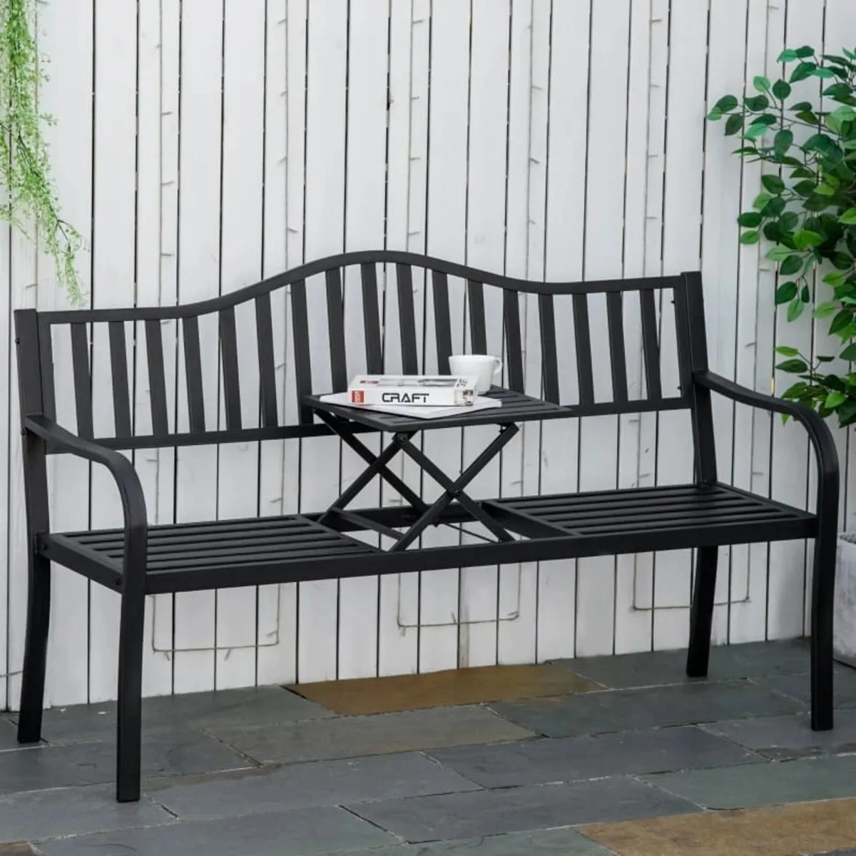 Metal Outdoor Bench with Liftable Middle Table, Pa - Image 1
