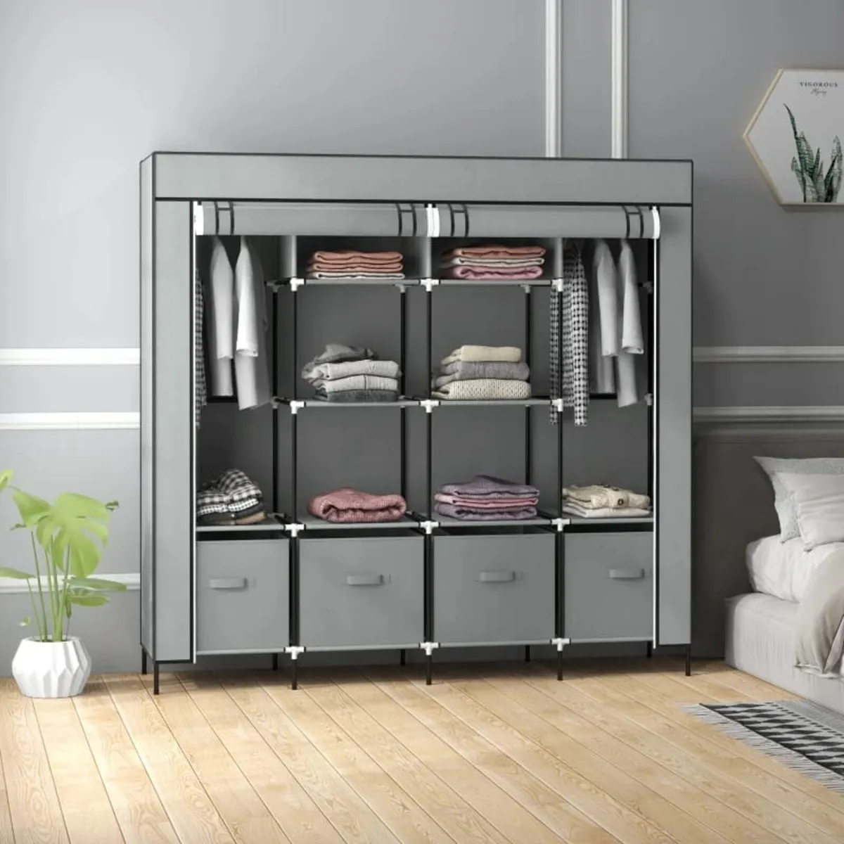 Fabric Wardrobe Closet, Doors, 2 Clothes Rails, 10 - Image 1