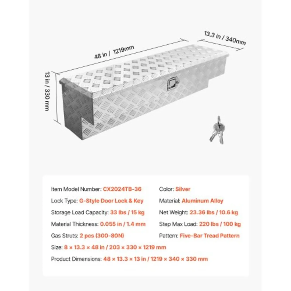 Truck Bed, RV, Trailer, 1219 x 340 x 330 mm, Silve - Image 2