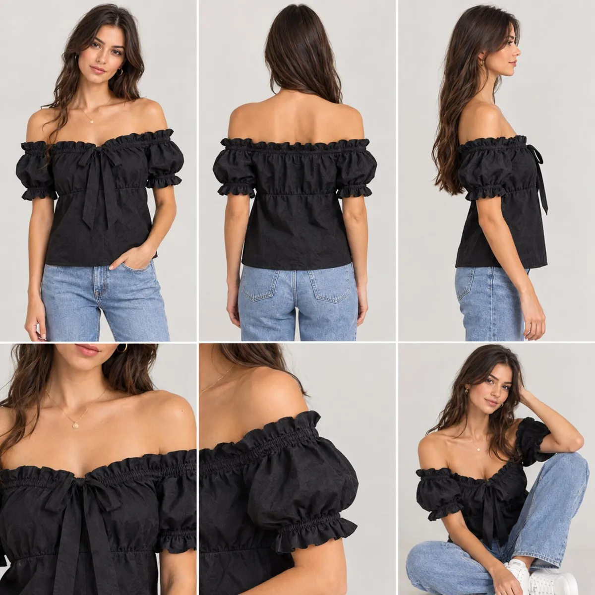 Black Off-Shoulder Ruffle Blouse with Puff Sleeves - Image 2