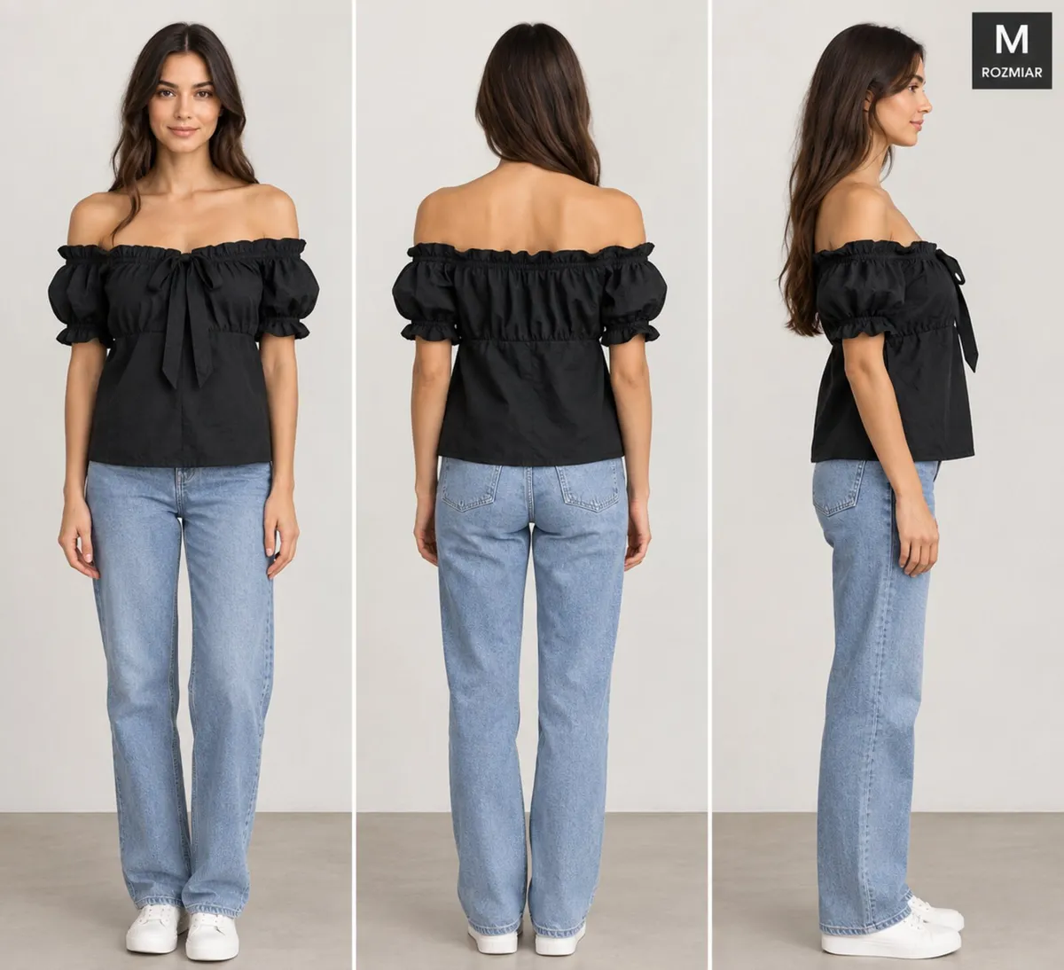 Black Off-Shoulder Ruffle Blouse with Puff Sleeves - Image 3