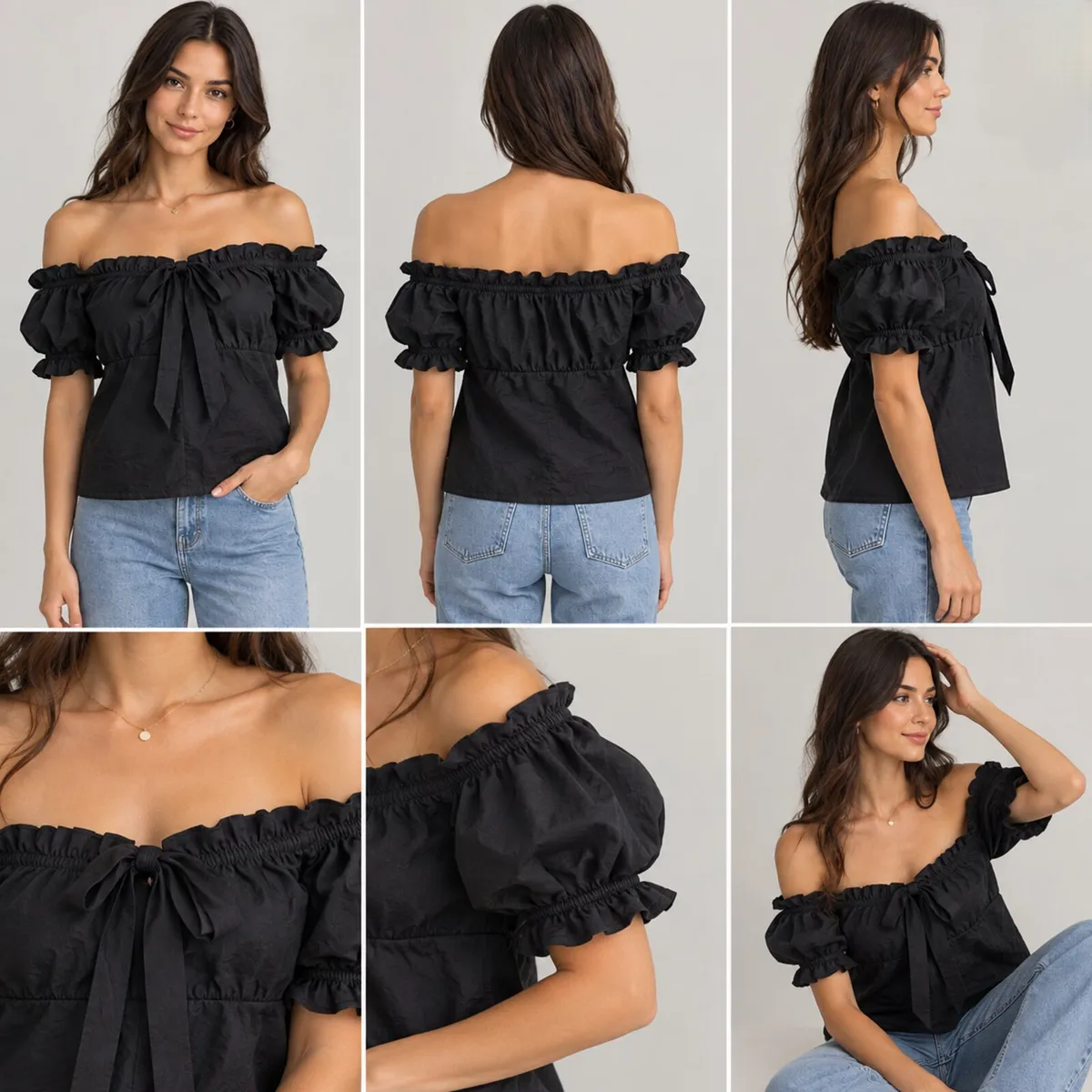 Black Off-Shoulder Ruffle Blouse with Puff Sleeves - Image 1