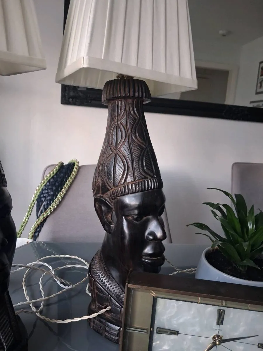 Vintage Decor Set: Hand-Carved African Ebony Lamps - Image 3