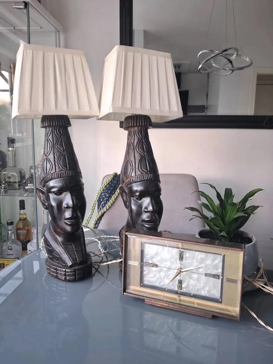 Vintage Decor Set: Hand-Carved African Ebony Lamps - Image 2