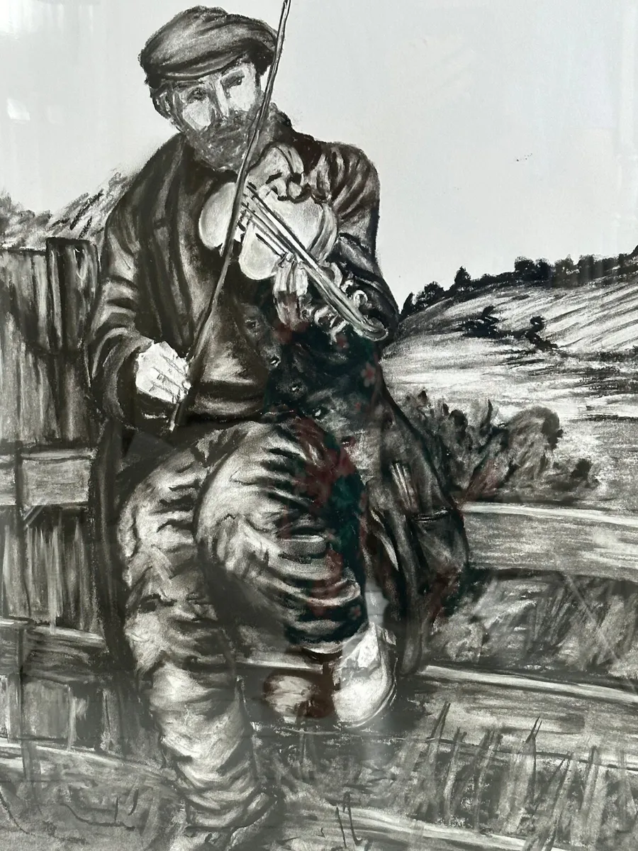 Original charcoal drawing of a fiddler on a stone - Image 4