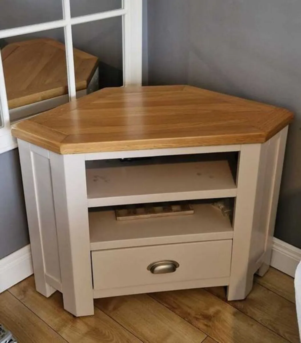 Grey Hexagonal- shaped TV unit with wooden top