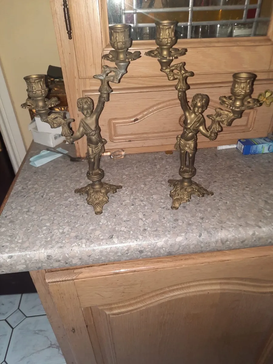 Antique brass candleholders - Image 2