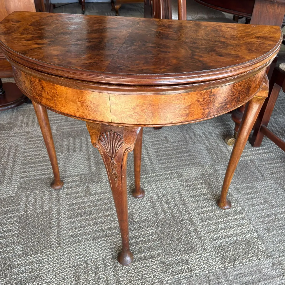 Burr walnut demi-lune fold-over Queen Anne card/ga - Image 1