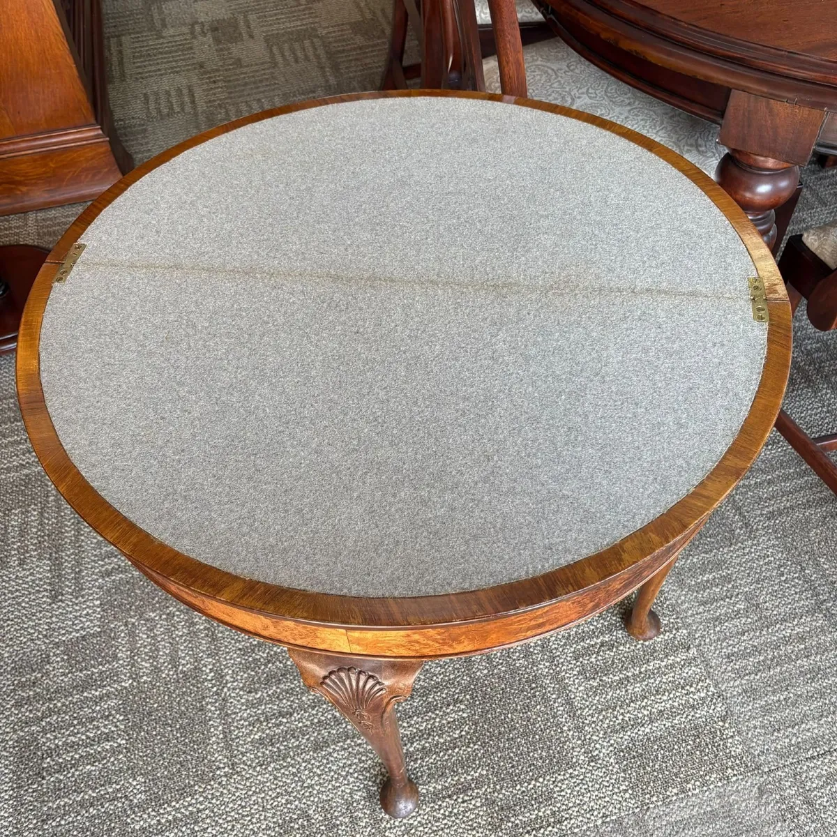 Burr walnut demi-lune fold-over Queen Anne card/ga - Image 3