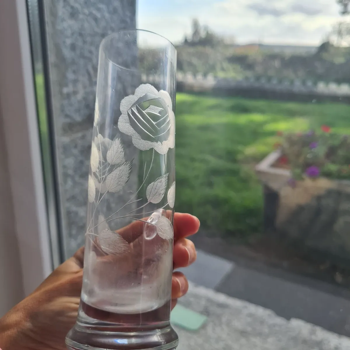 vintage Krosno etched glass bud vase with a handle