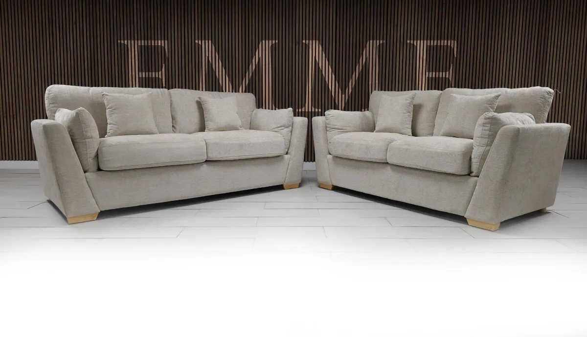 Emme 3+2 or 3+1+1 Grey & Beige Fabric Sofa Set - Image 1