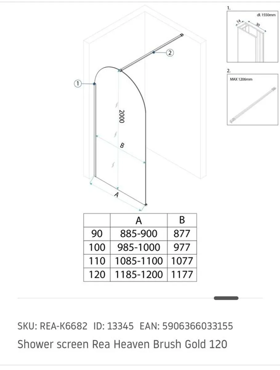 Brushed brass arched shower screen 1200mm - Image 3