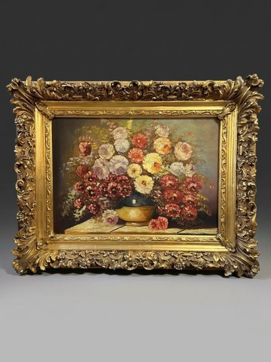 Vintage Floral Still Life Statement Framed Oil Painting - Image 1