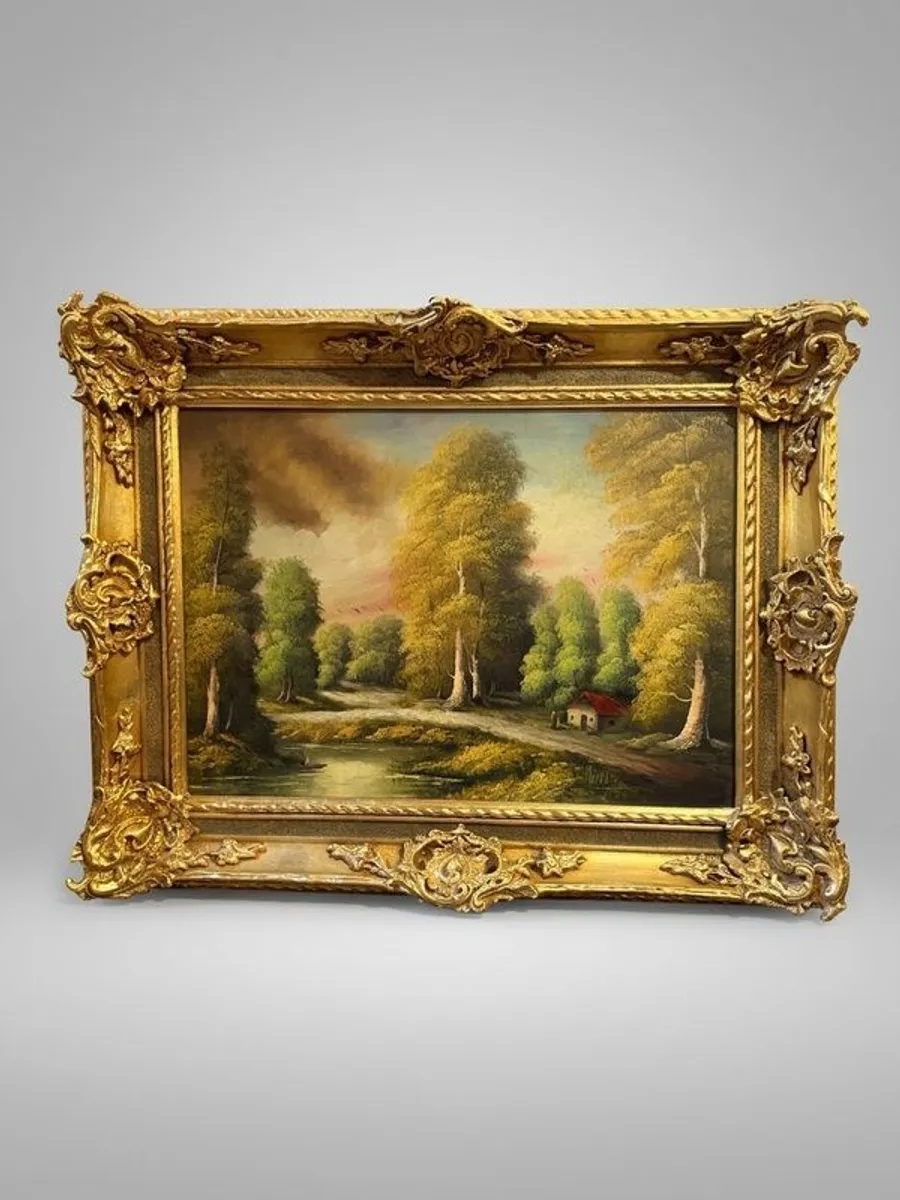 Scenic Forest & Lakeside Landscape Statement Framed Oil Painting - Image 1