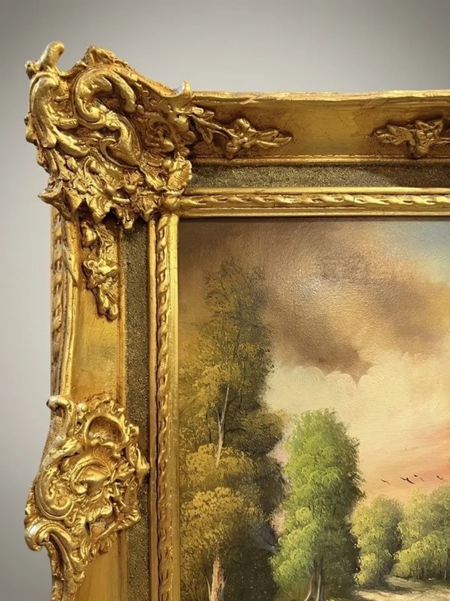 Scenic Forest & Lakeside Landscape Statement Framed Oil Painting - Image 2