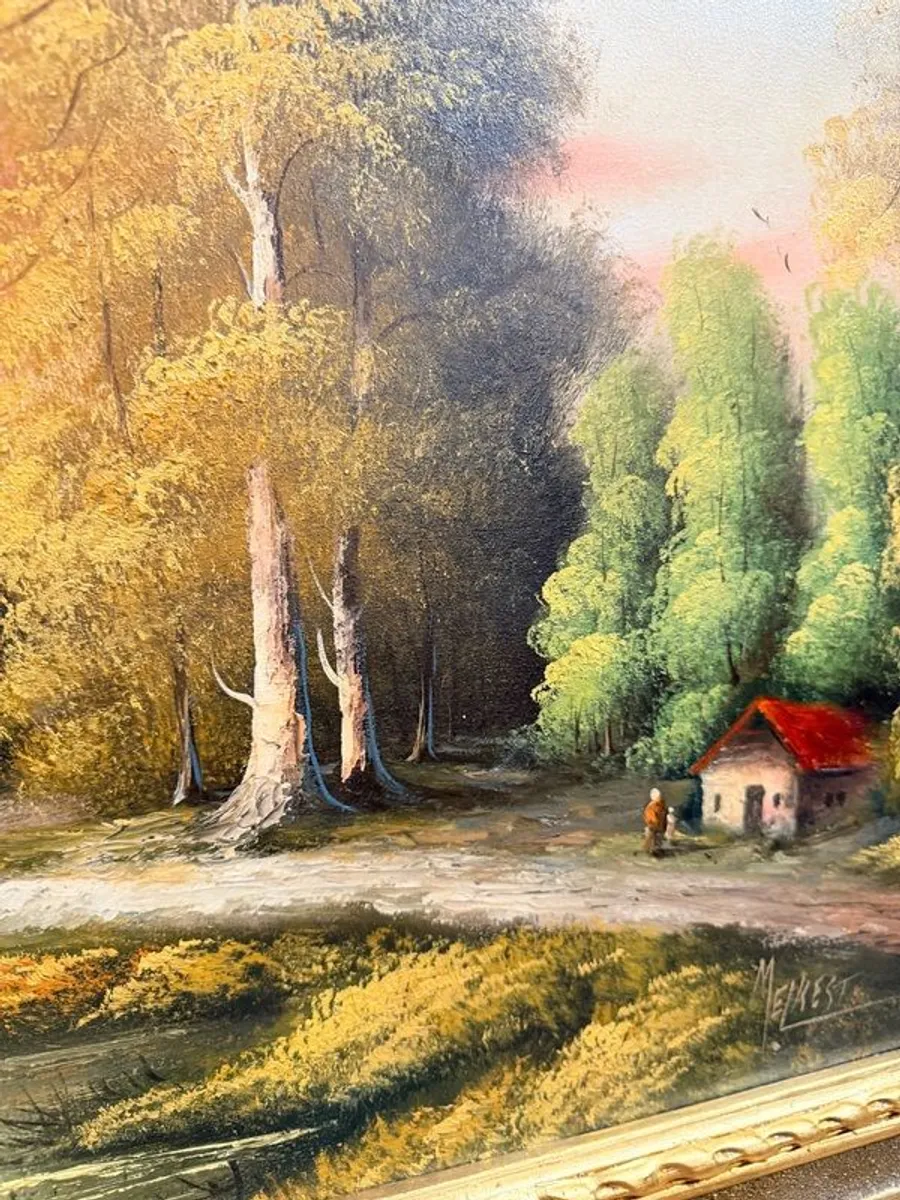 Scenic Forest & Lakeside Landscape Statement Framed Oil Painting - Image 3