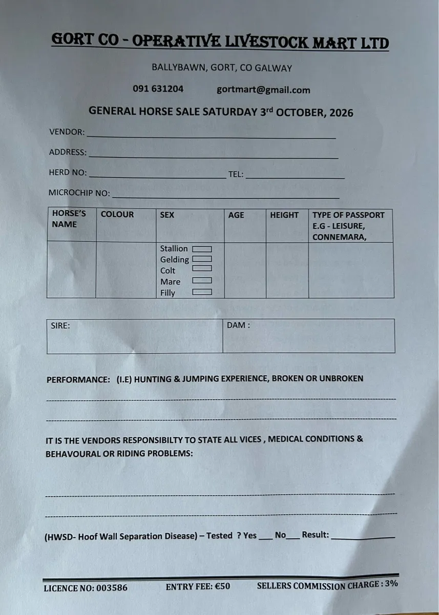 Gort Mart: Pre entry Horse sale : 3rd Oct - Image 1
