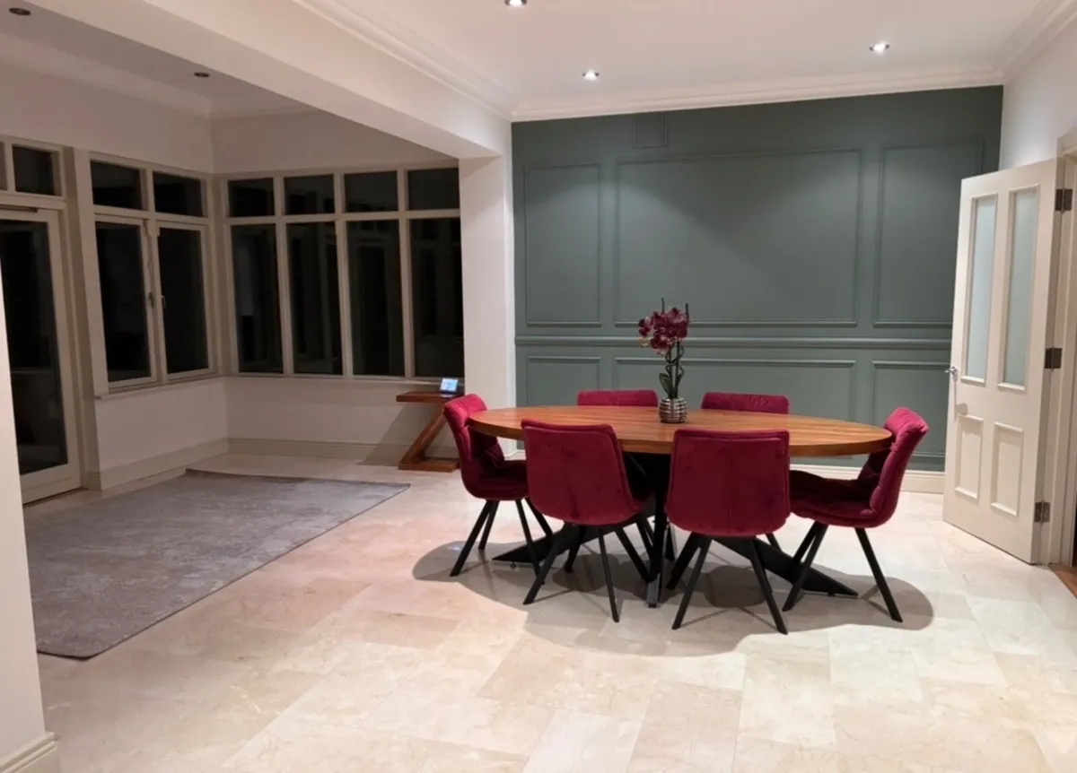 EZ Living Oslo Oak Dining Table &6 Burgundy Chairs - Image 1