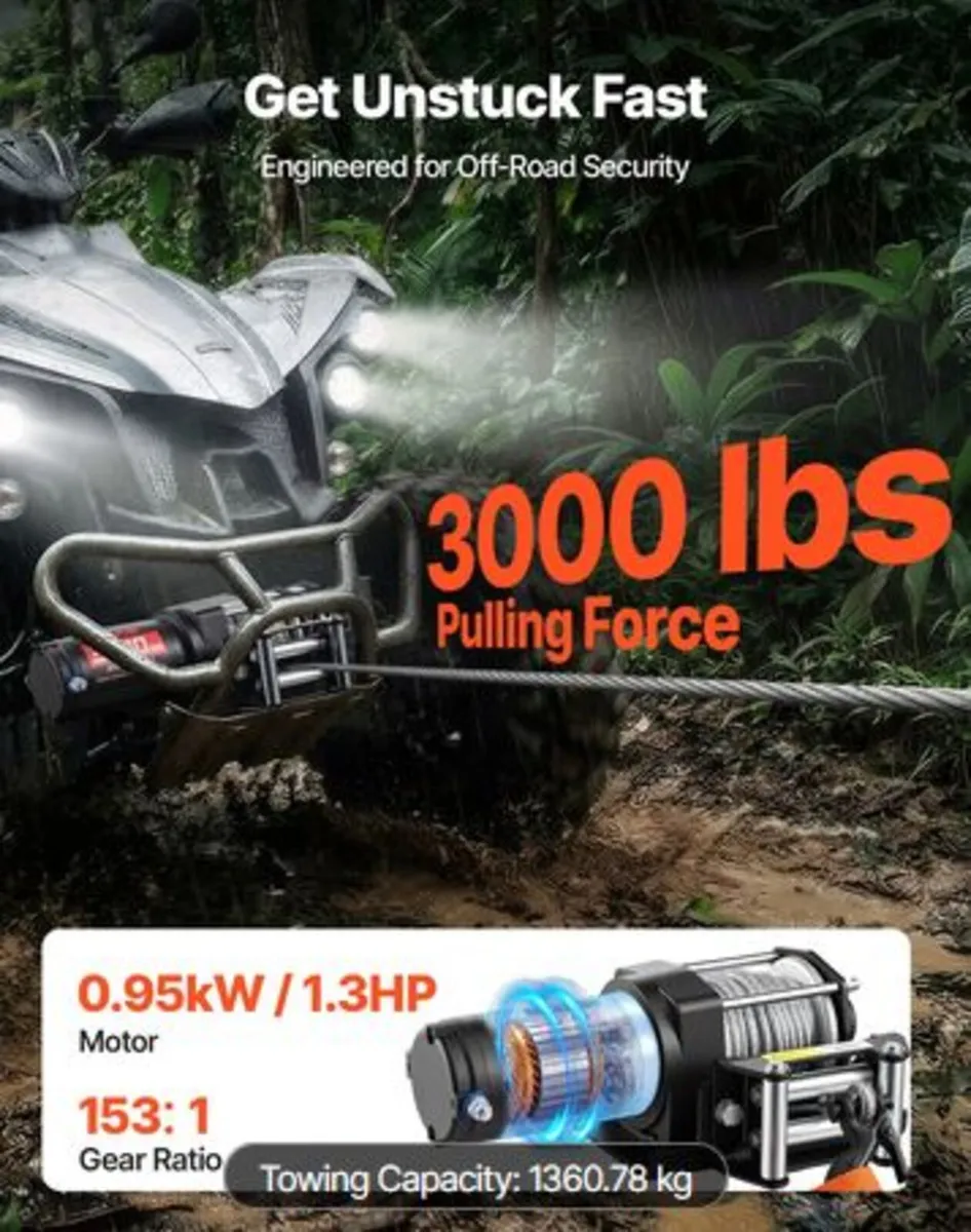 1360 kg Electric Winch, 12V DC ATV/UTV Winch - Image 2