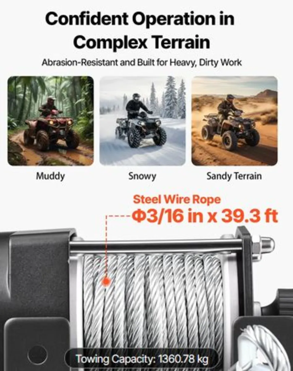1360 kg Electric Winch, 12V DC ATV/UTV Winch - Image 3