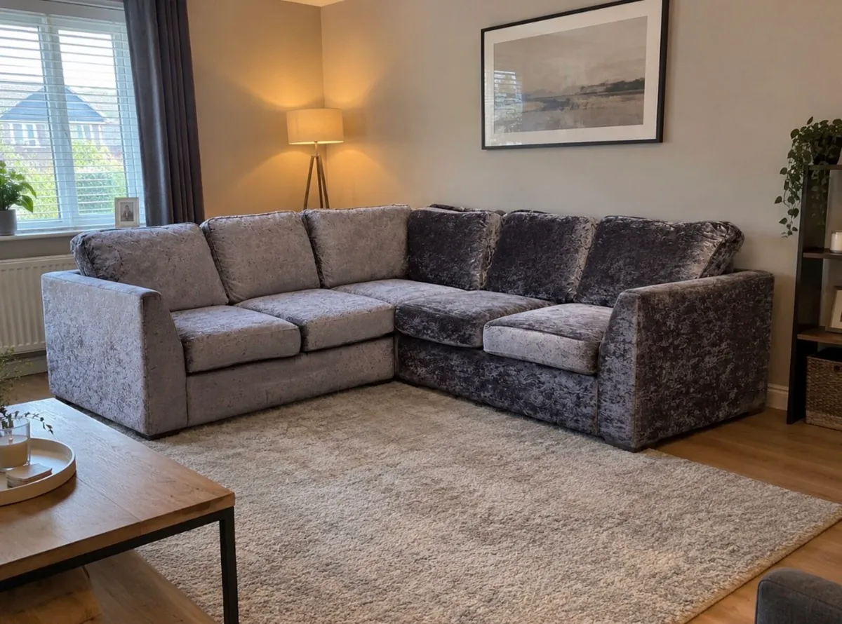 Grey Velvet Corner sofa L shaped couch - Image 1