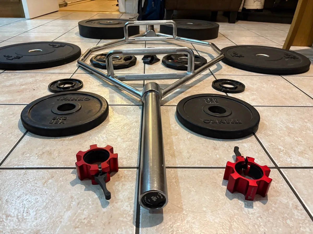 24KG OLYMPIC HEX SHRUG SQUAT BAR + OLY WEIGHTS! - Image 2