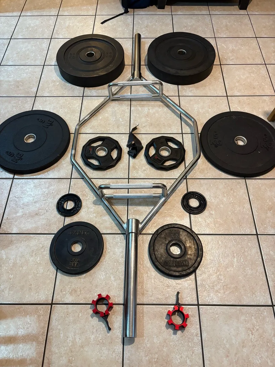 24KG OLYMPIC HEX SHRUG SQUAT BAR + OLY WEIGHTS! - Image 1