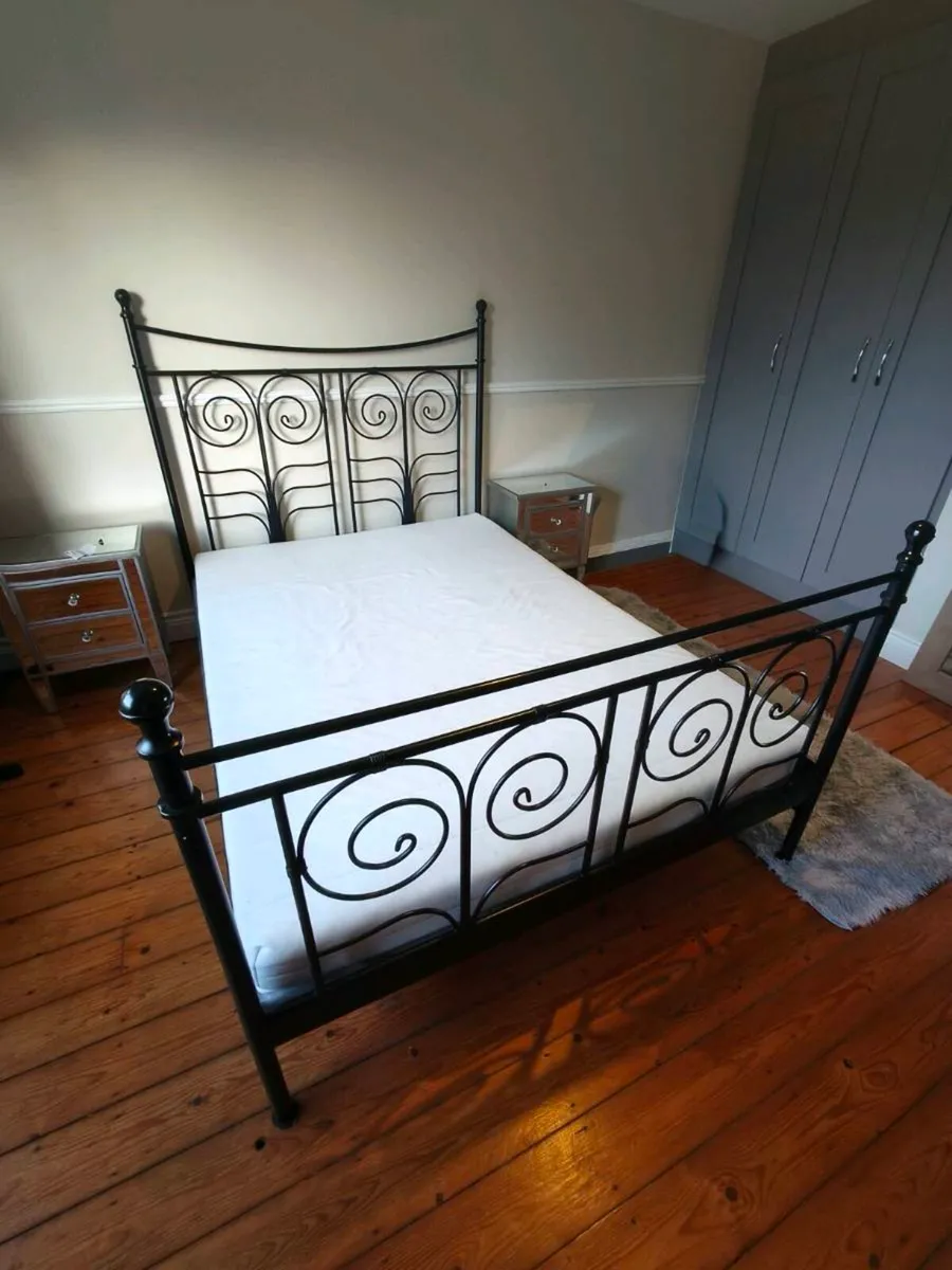Black metal bed frame and mattress - Image 1