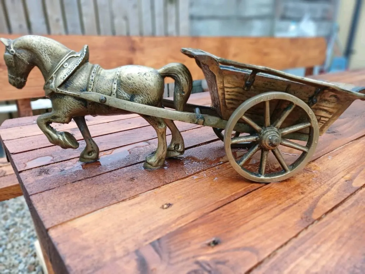 Antique Heavy Brass Horse & Cart - Image 1