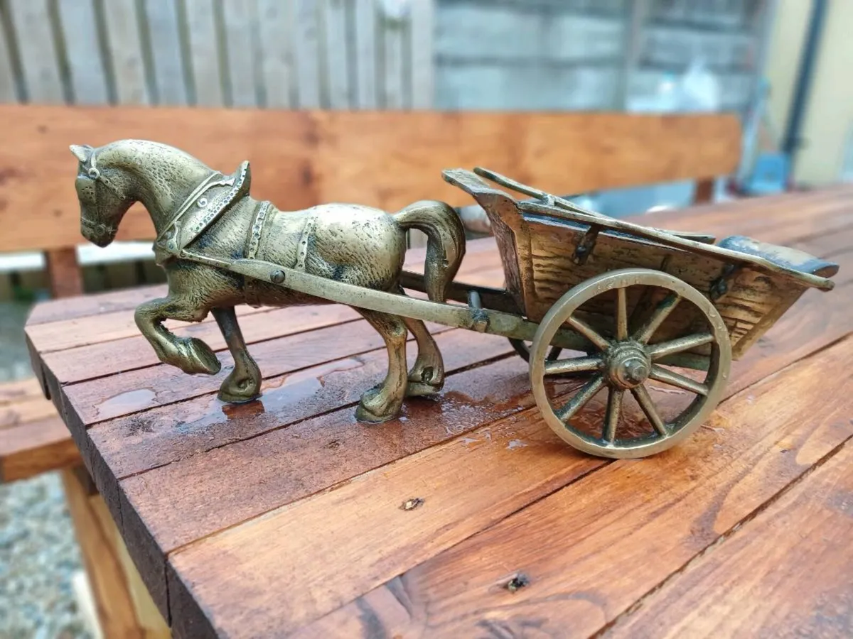 Antique Heavy Brass Horse & Cart - Image 3