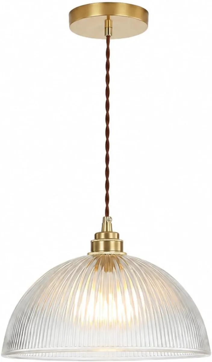 Industrial Ribbed Glass Pendant Light E27 Brass - Image 1