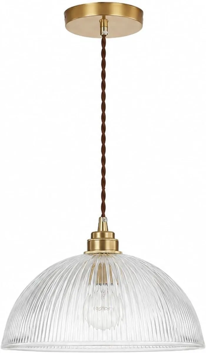 Industrial Ribbed Glass Pendant Light E27 Brass - Image 2