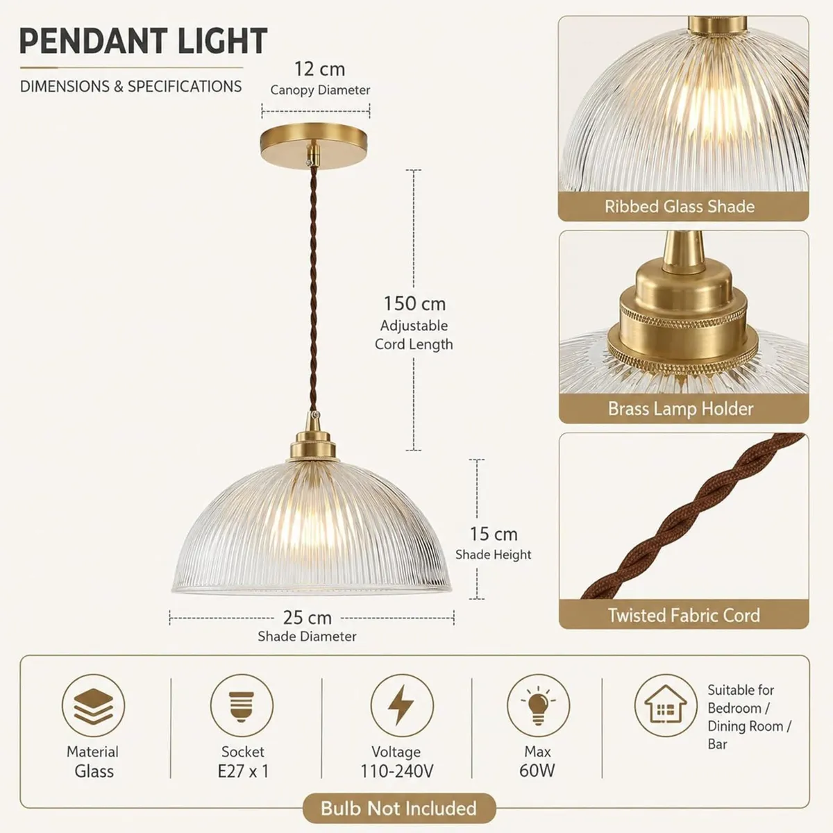 Industrial Ribbed Glass Pendant Light E27 Brass - Image 3