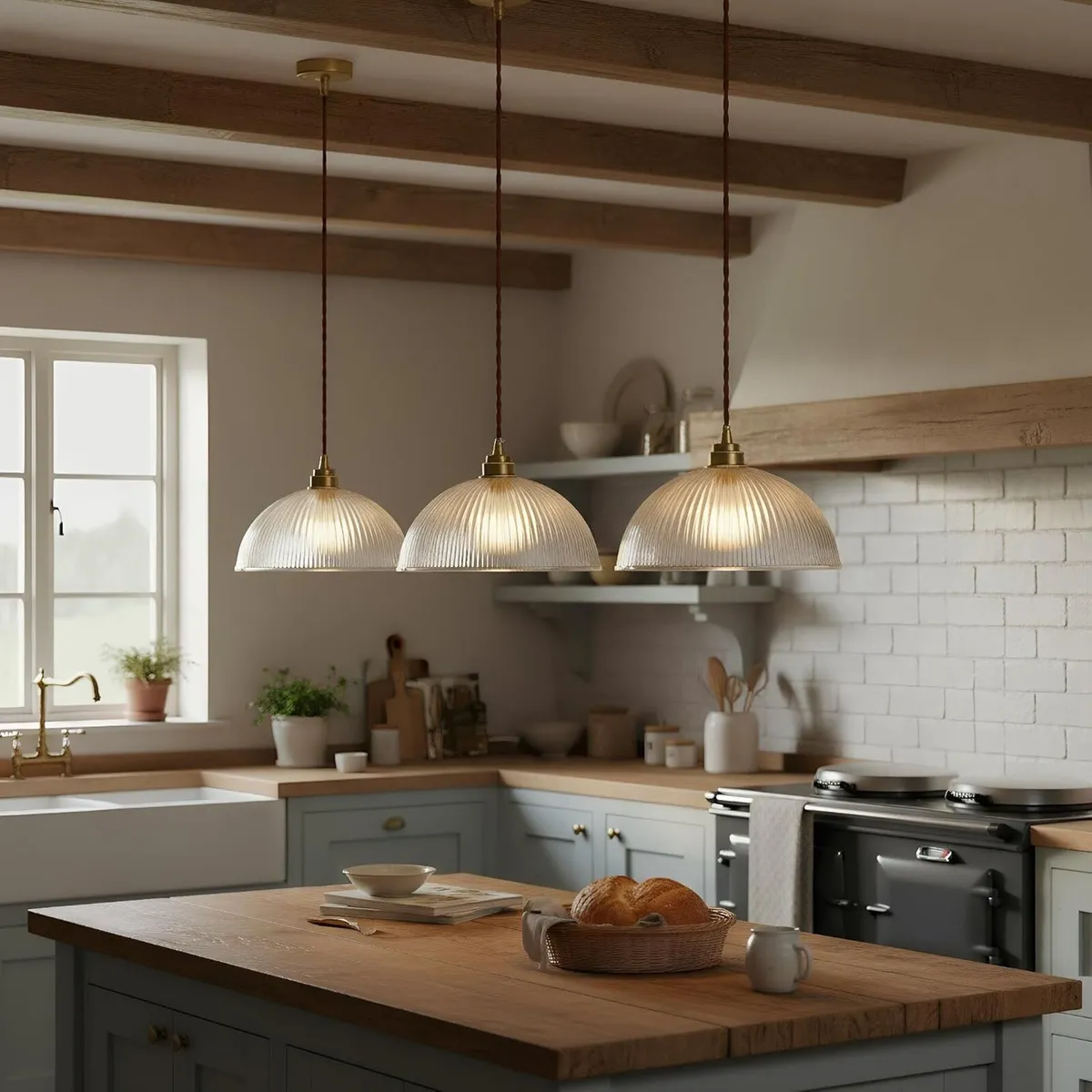 Industrial Ribbed Glass Pendant Light E27 Brass - Image 4