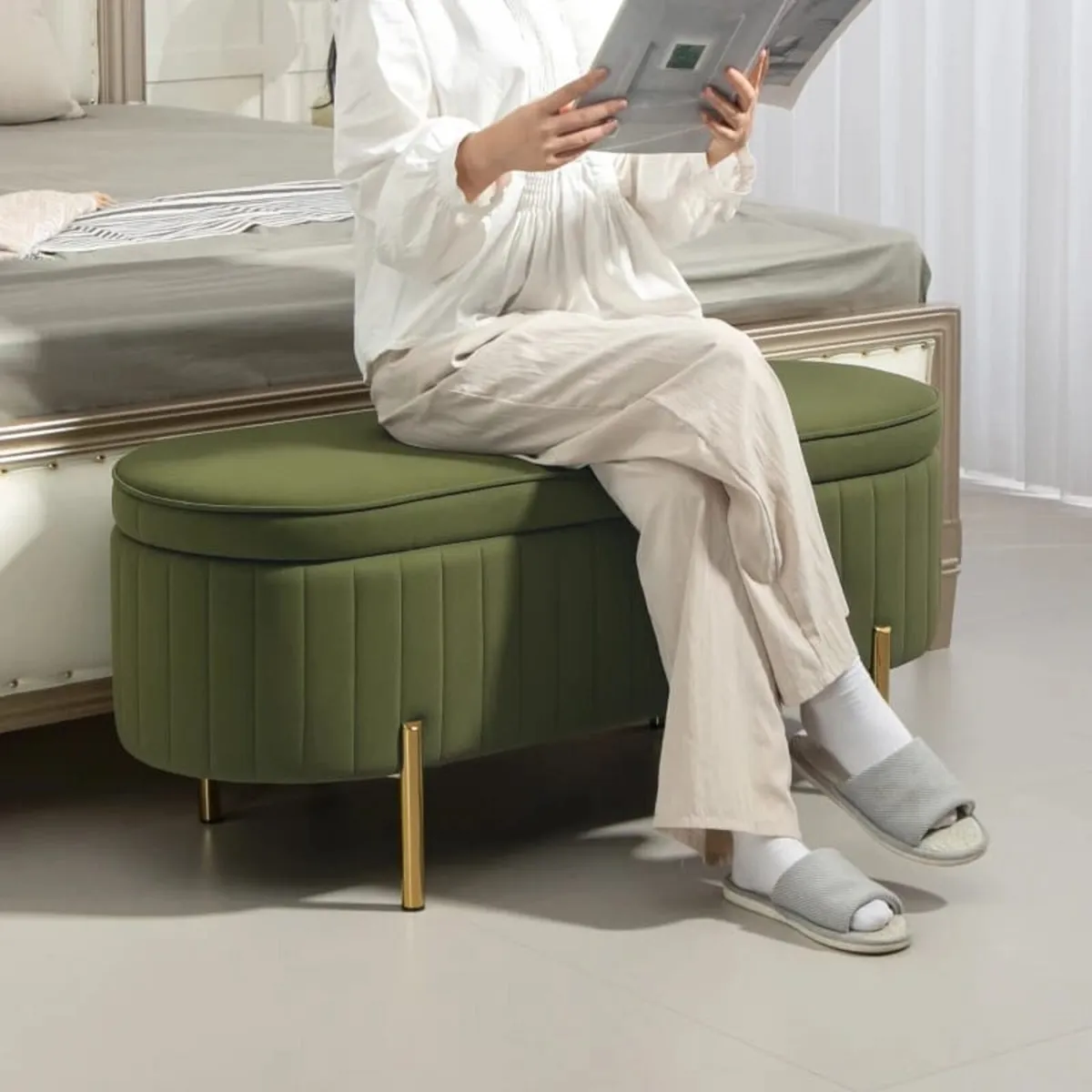 Storage bench with lift-up lid and storage, fabric - Image 4