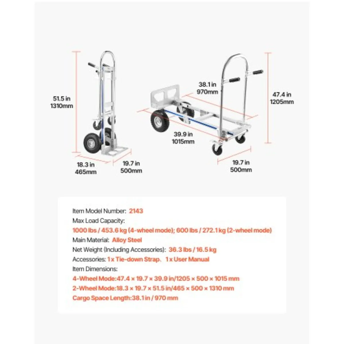 2 in 1 Hand Truck, 453.6 kg Load Capacity for 4-Wh - Image 2