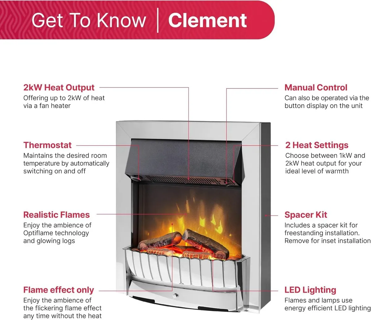Clement Optiflame 2KW Inset Electric Fire Chrome - Image 3