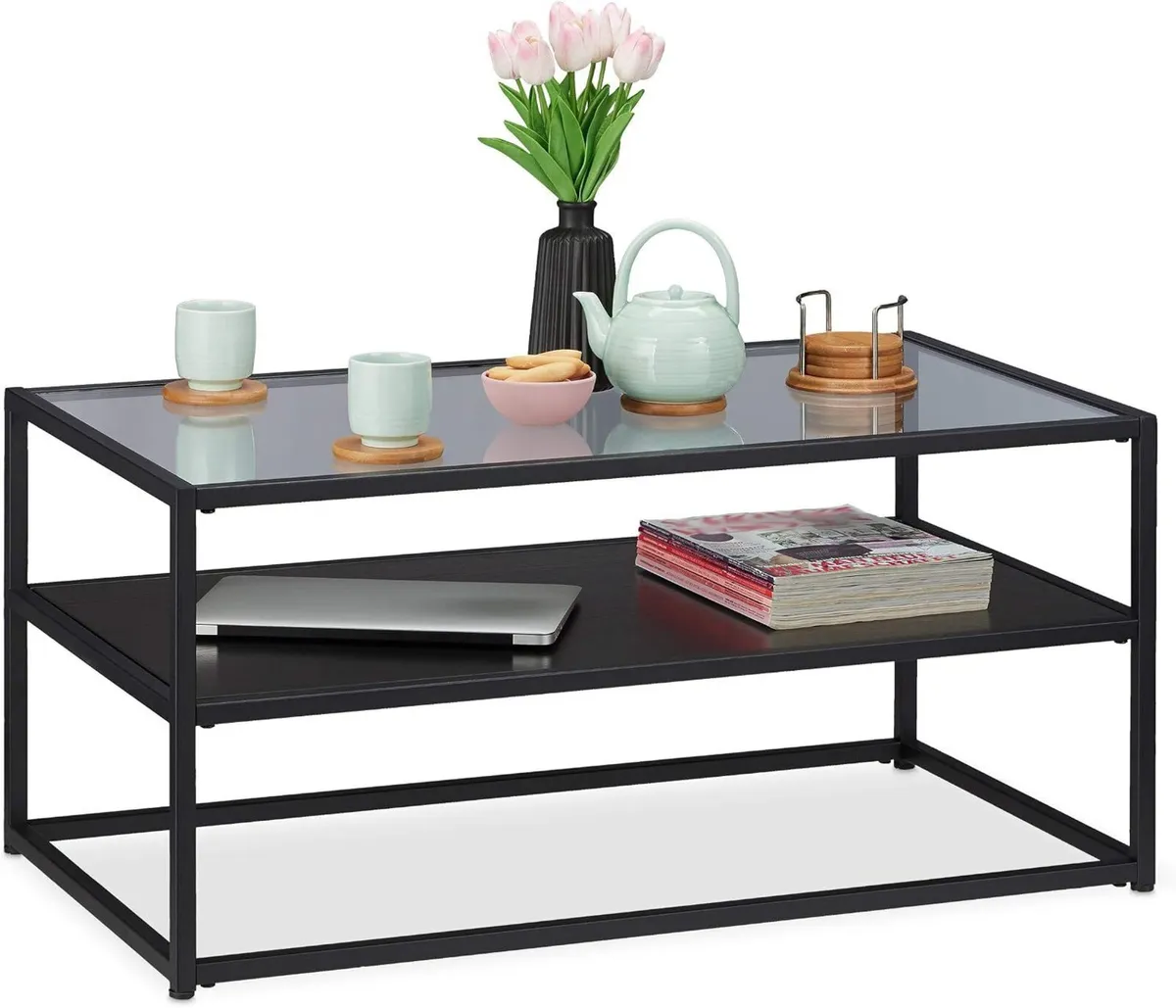 Coffee Table MDF Shel Glass Metal Modern Design - Image 1