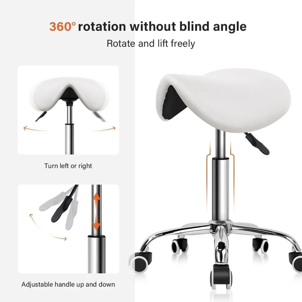 Rolling Saddle Stool PU Leather Swivel Adjustable - Image 4