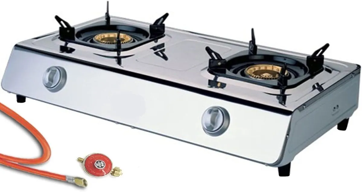 2-Burner Indoor Gas Stove with Black Glass Hob - Image 2
