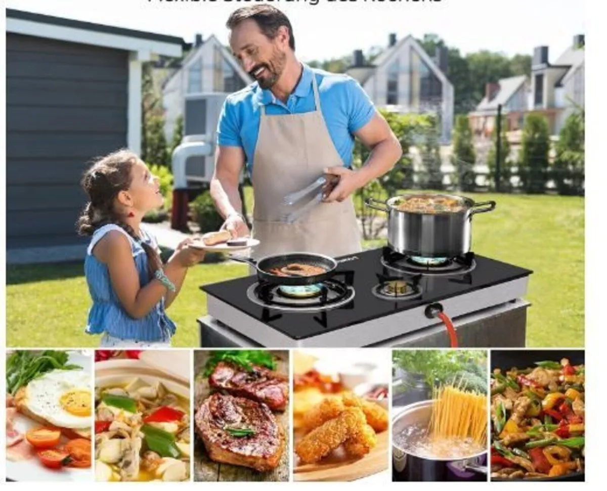 2-Burner Indoor Gas Stove with Black Glass Hob - Image 4