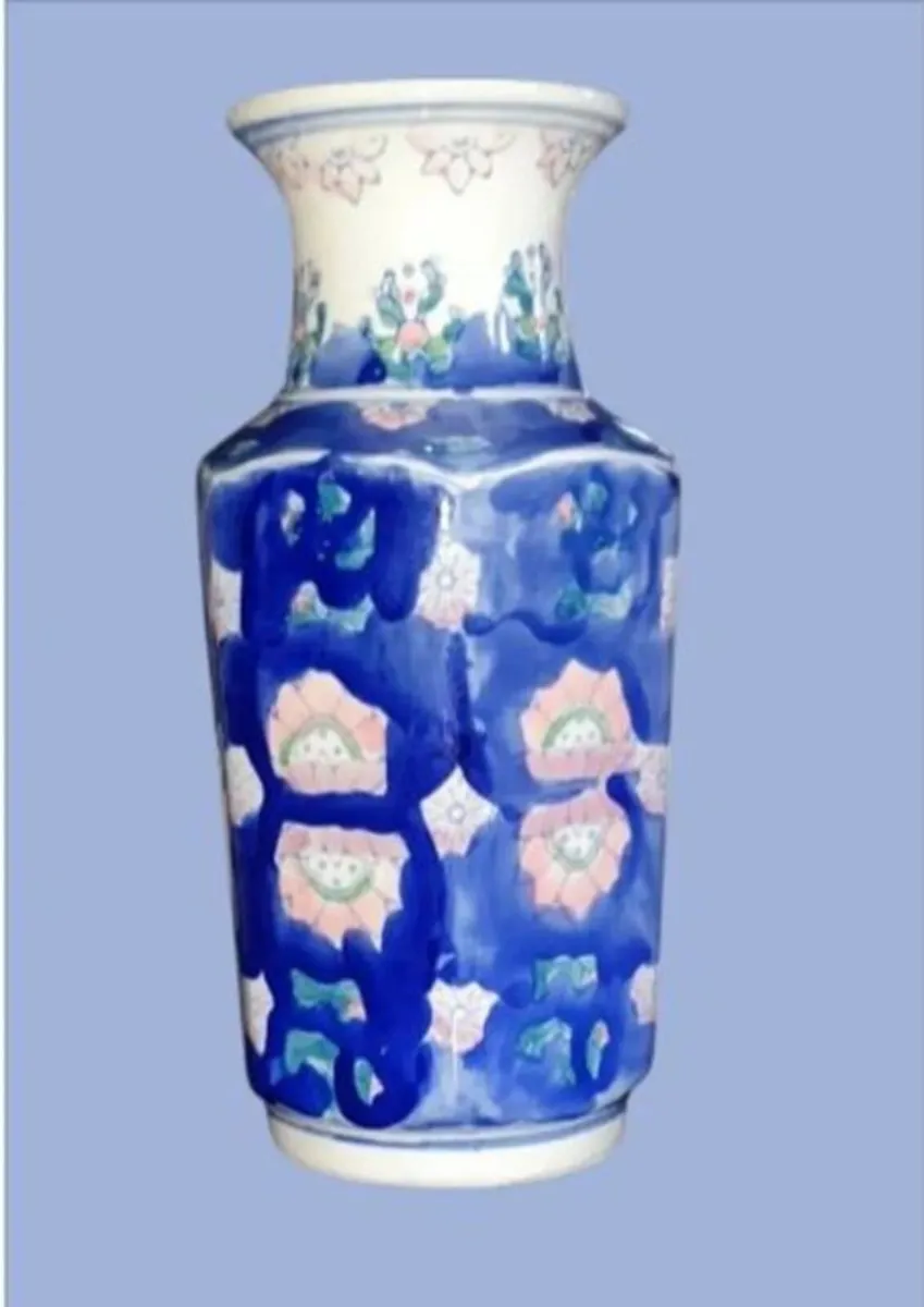Vintage 10" Chinese Hexagonal Handpainted Vase - Image 1