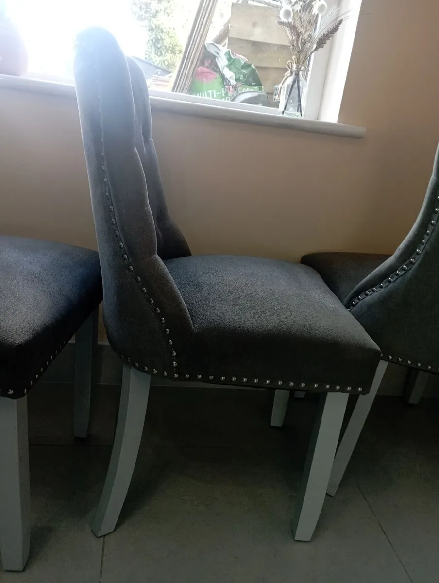 4 gray felt covered dining room chairs - Image 1