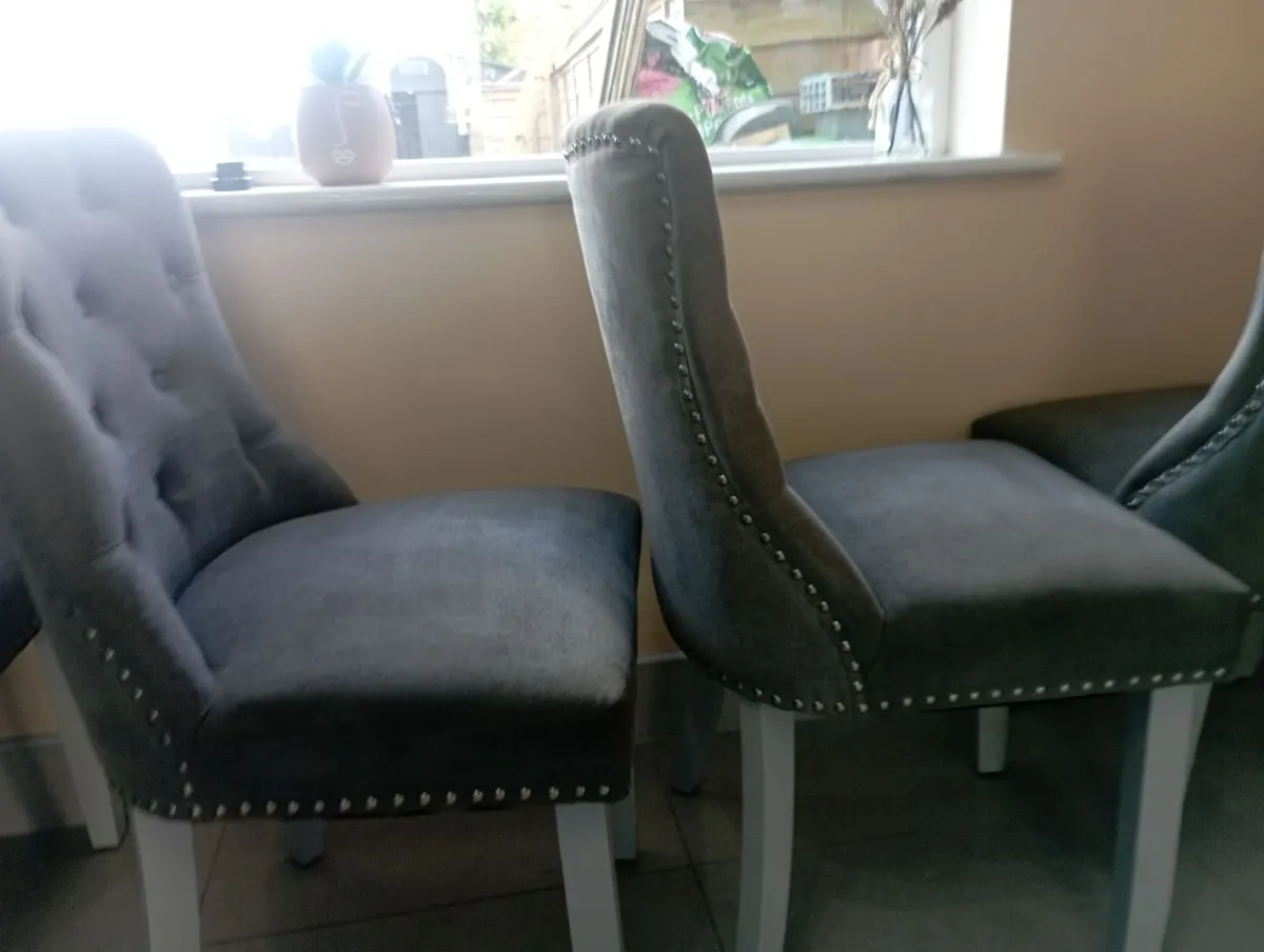4 gray felt covered dining room chairs - Image 2