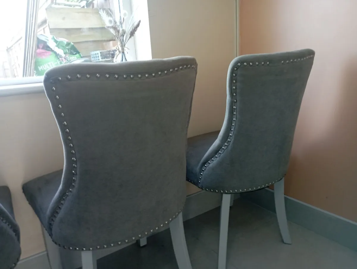 4 gray felt covered dining room chairs - Image 3