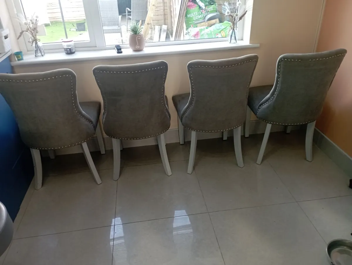 4 gray felt covered dining room chairs - Image 4