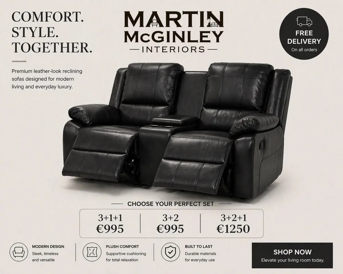 New 3+2+1 Grey & Black Leather Sofa Sets - Image 1
