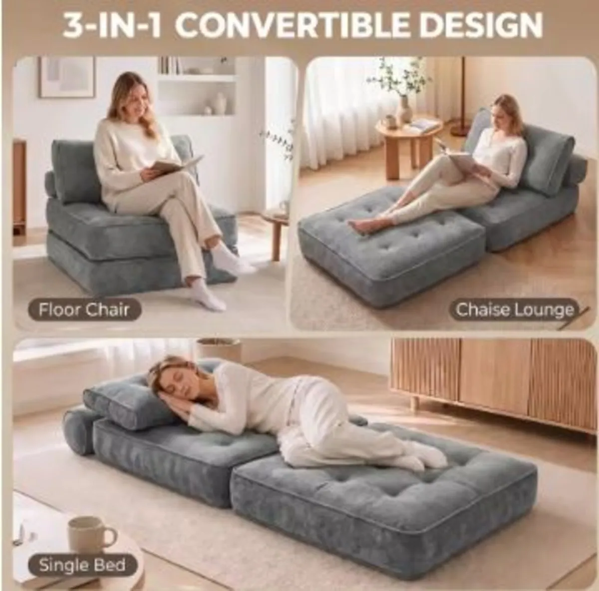 Light‑Grey 3‑in‑1 Convertible Single Sleeper Chair - Image 3