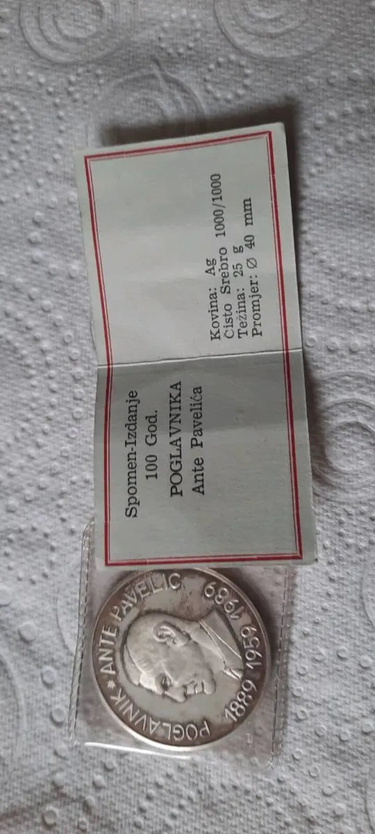 Silver coin Ante Pavelić - Image 1