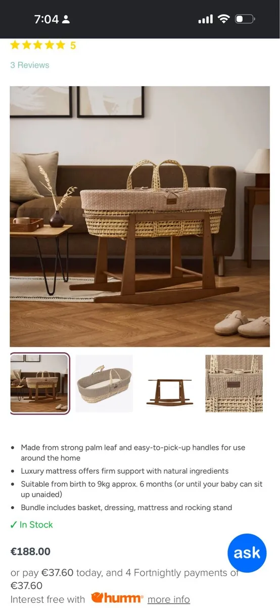 Moses Basket/Crib - Rocker (The Green Sheep) - Image 1